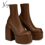 Xajzpa - Ankle Boots Women Fashion High Platform Shaped Heel Chunky Heels Zipper Designer Shoes 44