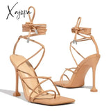 Xajzpa - Around-The-Ankle Lace-Up Closure Open Squared Toe Heels