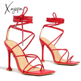 Xajzpa - Around-The-Ankle Lace-Up Closure Open Squared Toe Heels