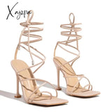 Xajzpa - Around-The-Ankle Lace-Up Closure Open Squared Toe Heels