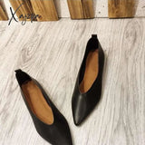 Xajzpa - Autumn Flat Single Shoes Genuine Leather Woman Flats Retro Pointed Shallow Mouth Female