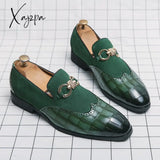 Xajzpa - Autumn Green Loafers Men Slip-On Nubuck Leather Luxury Brand Thick Bottom Pointed Toe