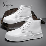 Xajzpa - Autumn Men Ankle Boots High-Cut Solid Genuine Leather Sneakers Motorcycle Tooling Platform