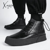 Xajzpa - Autumn Men Ankle Boots High-Cut Solid Genuine Leather Sneakers Motorcycle Tooling Platform