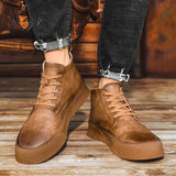 Xajzpa - Autumn Men Ankle Boots High-Cut Solid Genuine Leather Sneakers Motorcycle Tooling Platform