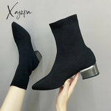 Xajzpa - Autumn Winter Boots Women’s Knit Elastic Socks Pointed Toe Chunky Heel Botas Black