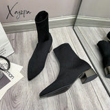 Xajzpa - Autumn Winter Boots Women’s Knit Elastic Socks Pointed Toe Chunky Heel Botas Black