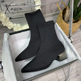 Xajzpa - Autumn Winter Boots Women’s Knit Elastic Socks Pointed Toe Chunky Heel Botas Black