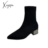 Xajzpa - Autumn Winter Boots Women’s Knit Elastic Socks Pointed Toe Chunky Heel Botas Black