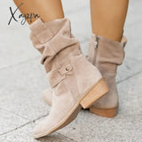 Xajzpa - Autumn Winter Cowboy Boots Women Low Heels Suede Ankle Boots Metal Buckle Side Zip Large Size Female Shoes Short Booties