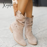 Xajzpa - Autumn Winter Cowboy Boots Women Low Heels Suede Ankle Metal Buckle Side Zip Large Size