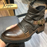 Xajzpa - Autumn Winter Men Boots Square Heel High Top Retro Men’s Shoes Round Head Knight Auburn