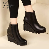 Xajzpa - Autumn Winter Soft Leather Platform High Heels Girl Wedges Ankle Boots Shoes For Woman