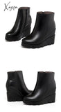 Xajzpa - Autumn Winter Soft Leather Platform High Heels Girl Wedges Ankle Boots Shoes For Woman