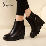 Xajzpa - autumn winter soft leather platform high heels girl wedges ankle boots shoes for woman fashion boots women Size 34-40