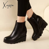 Xajzpa - Autumn Winter Soft Leather Platform High Heels Girl Wedges Ankle Boots Shoes For Woman