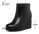 Xajzpa - Autumn Winter Soft Leather Platform High Heels Girl Wedges Ankle Boots Shoes For Woman