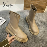 Xajzpa - Autumn Winter Women Ankle Boot Fashion Square Toe Back Zipper Ladies Keep Warm Short Boots