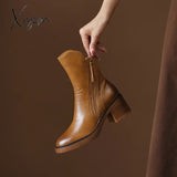 Xajzpa - Autumn Winter Women Shoes Leather Short Boots For Round Toe Chunky Heel Zipper Ankle