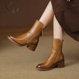 Xajzpa - Autumn Winter Women Shoes Leather Short Boots For Round Toe Chunky Heel Zipper Ankle