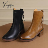 Xajzpa - Autumn Winter Women Shoes Leather Short Boots For Round Toe Chunky Heel Zipper Ankle