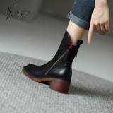 Xajzpa - Autumn Winter Women Shoes Leather Short Boots For Round Toe Chunky Heel Zipper Ankle