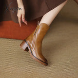 Xajzpa - Autumn Winter Women Shoes Leather Short Boots For Round Toe Chunky Heel Zipper Ankle