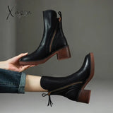 Xajzpa - Autumn Winter Women Shoes Leather Short Boots For Round Toe Chunky Heel Zipper Ankle