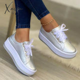 Xajzpa - Autumn Womens Shoes Casual Walking Size 43 Women Platform Sneakers Designer Lace-Up Silver