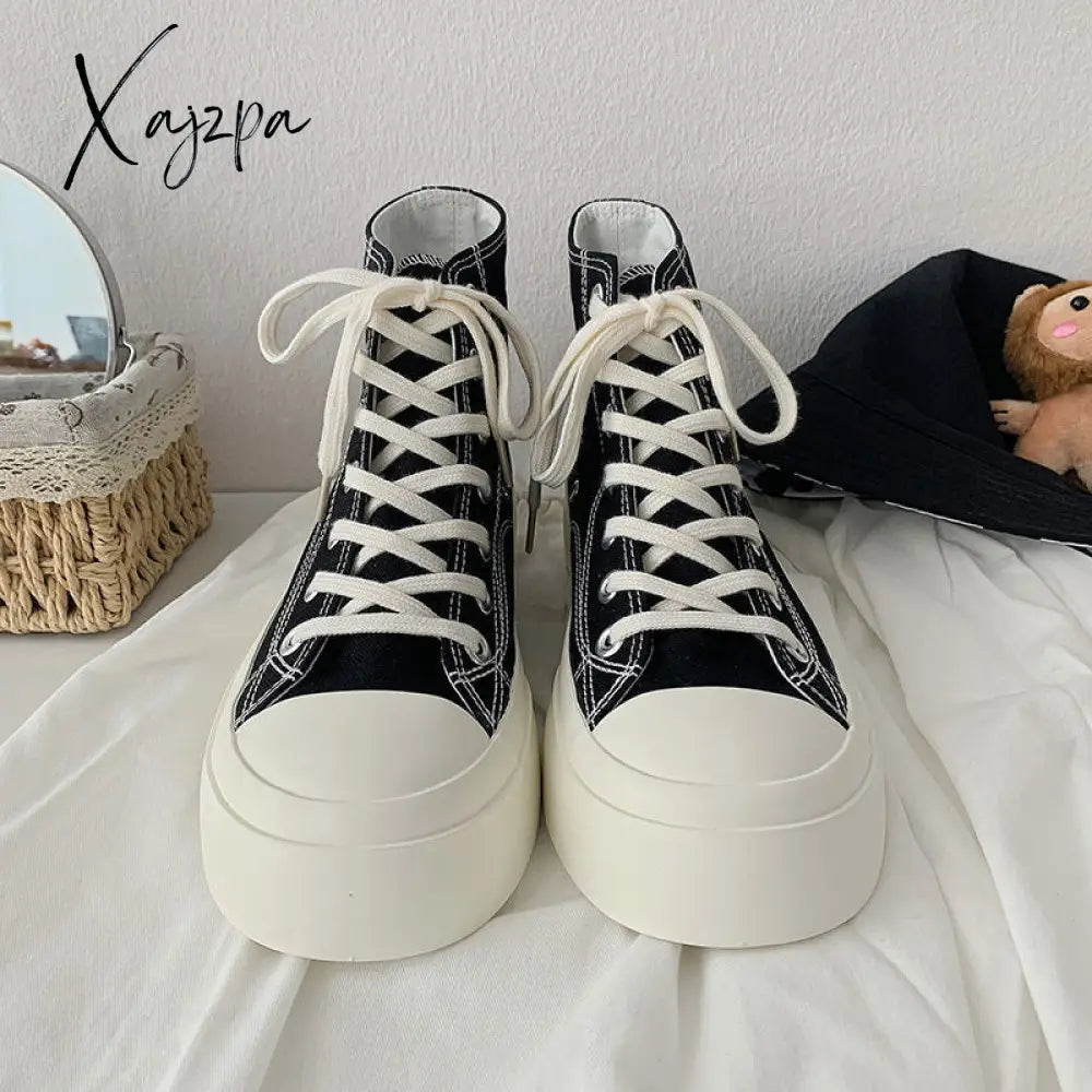 Xajzpa - Basic Sleek Platform Sneakers Fashion Autumn Solid Color Canvas Vintage Daily Wear Casual