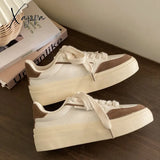 Xajzpa - Beige Leather Sneakers For Women Platform 2023 Casual Female Vulcanized Shoes Ladies Flats