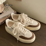 Xajzpa - Beige Leather Sneakers For Women Platform 2023 Casual Female Vulcanized Shoes Ladies Flats