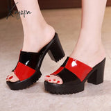 Xajzpa - Big Size 32-43 Block Square Heel Platform Slippers Women Office Shoes Summer Open Head