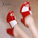 Xajzpa - Big Size 32-43 Block Square Heel Platform Slippers Women Office Shoes Summer Open Head