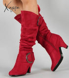 Xajzpa - Big Size 43 New Knee High Boots Women Autumn Faux Suede Buckle Fashion Spike Heels Woman