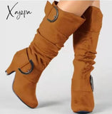 Xajzpa - Big Size 43 New Knee High Boots Women Autumn Faux Suede Buckle Fashion Spike Heels Woman