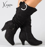 Xajzpa - Big Size 43 New Knee High Boots Women Autumn Faux Suede Buckle Fashion Spike Heels Woman