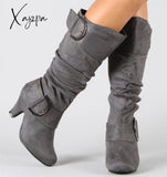 Xajzpa - Big Size 43 New Knee High Boots Women Autumn Faux Suede Buckle Fashion Spike Heels Woman