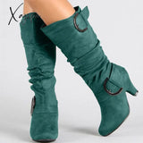 Xajzpa - Big Size 43 New Knee High Boots Women Autumn Faux Suede Buckle Fashion Spike Heels Woman