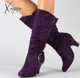 Xajzpa - Big Size 43 New Knee High Boots Women Autumn Faux Suede Buckle Fashion Spike Heels Woman