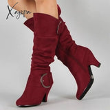 Xajzpa - Big Size 43 New Knee High Boots Women Autumn Faux Suede Buckle Fashion Spike Heels Woman