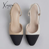 Xajzpa - Big Size 45 Women Slingbacks Shoes High Heels Natural Genuine Leather Thick Heel Cow Mixed