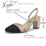 Xajzpa - Big Size 45 Women Slingbacks Shoes High Heels Natural Genuine Leather Thick Heel Cow Mixed