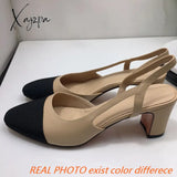 Xajzpa - Big Size 45 Women Slingbacks Shoes High Heels Natural Genuine Leather Thick Heel Cow Mixed