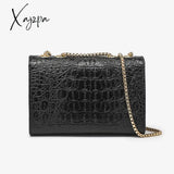 Xajzpa - Black Crocodile Pattern Crossbody Bag Solid Color Flap Chain Shoulder Mobile Phone Women