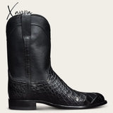 Xajzpa - Black Men Ankle Boot Crocodile Pattern Western Cowboy Trend Mid-Tube Boots Men’s Casual