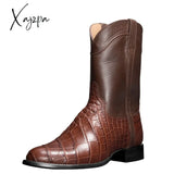 Xajzpa - Black Men Ankle Boot Crocodile Pattern Western Cowboy Trend Mid-Tube Boots Men’s Casual