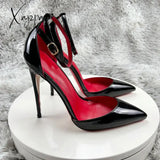 Xajzpa - Black Patent Leather Women Ankle Strap Stiletto Pumps Pointed Toe Sexy High Heel Shoes 8Cm