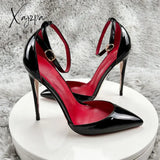 Xajzpa - Black Patent Leather Women Ankle Strap Stiletto Pumps Pointed Toe Sexy High Heel Shoes 8cm 10cm 12cm Customize 33-46