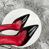 Xajzpa - Black Patent Leather Women Ankle Strap Stiletto Pumps Pointed Toe Sexy High Heel Shoes 8Cm